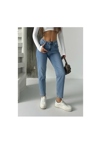 Bluemarlin Yüksek Bel Tam Kalıp Mom Jeans Pantolon Mavi