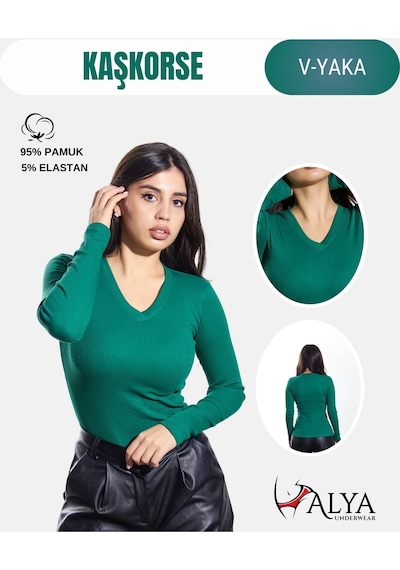 Alya Underwear Pamuklu Kaşkorse V Yaka Body Sweatshirt, Fitilli Kumaş Likralı Bluz, Asker Yeşili Badi Çimen Yeşili