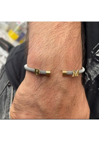 Simurg Jewellery 14 Ayar Altın Harfli Beyaz Çelik Bileklik Sarı - Beyaz