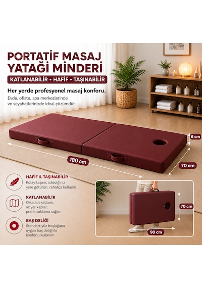 Masaj Yatağı Portatif Katlanabilir Masaj Yatağı Minderi 6 Cm Sünger 180x70 Cm Bordo