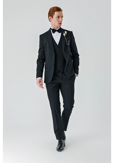 İmza Siyah Çıkarılabilir Mono Yaka Yelekli Likralı 6 Drop Slim Fit Smokin Damatlık 1001240201-Siyah İmza Siyah Çıkarılabilir Mono Yaka Yelekli Likralı 6 Drop Slim Fit Smokin Damatlık 1001240201-Siyah