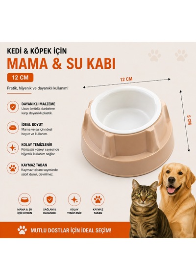 Kedi Köpek Mama Ve Su Kabı 12 Cm Çap 5 Cm Derinlik Kaymaz Tabanlı - Bej
