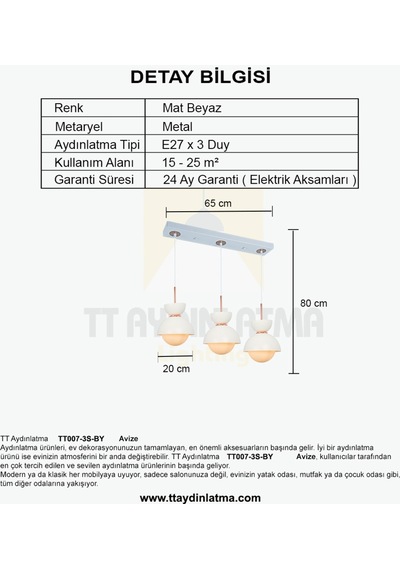 Tt007-3S By Tt Aydınlatma Mat Beyaz 3 Lü Sıralı Lüks Avize