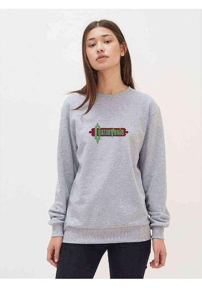 Castlevania Pixel Yazi Baskılı Gri Kadın Sweatshirt