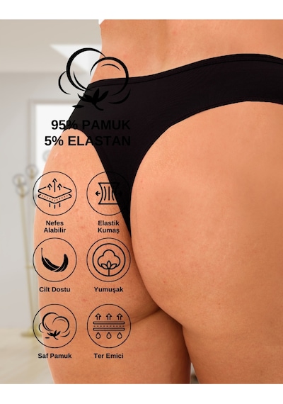 Alya Underwear Kadın Bato Tanga Pamuklu Külot, Büyük Beden String, 5'li Paket- 2 Siyah, 1 Beyaz, 2 Ten Siyah P06