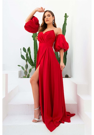 Carmen Kadın Saten Balon Kol Yırtmaçlı Uzun Abiye Elbise 55778 Kırmızı Kırmızı