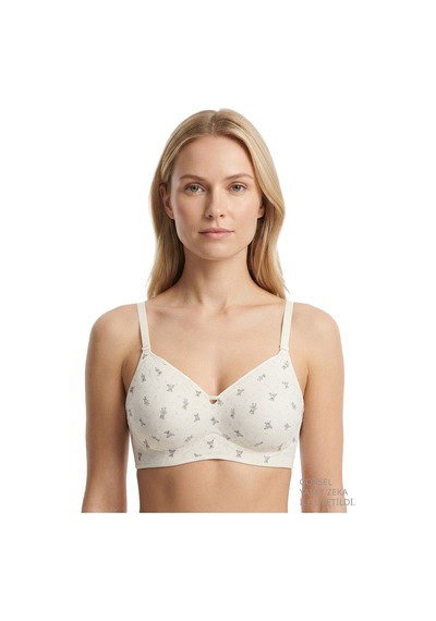 Cottonill Seamless Bra - Mireva Krem Lazer Kesim Rib Dokulu Ayıcık Desenli Balensiz Kadın Sütyen