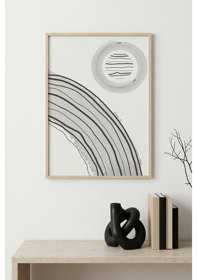 Doğal Ahşap Çerçeveli Soyut Çizgili Tablo - Grayscale Huhu1380