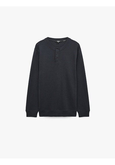 Koton Uzun Kollu Pamuklu Waffle Dokulu Henley Yaka Sweatshirt Lacivert 7wam70106mk