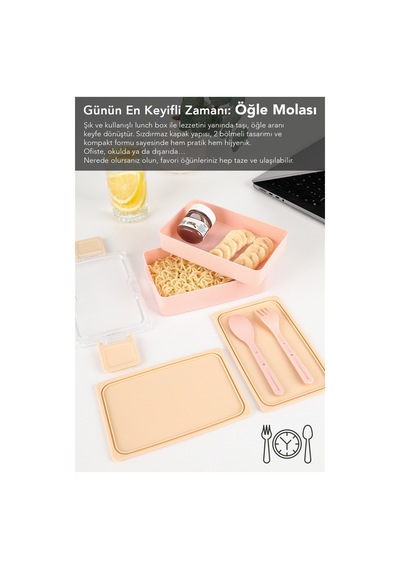 2 Katlı Kilitli Beslenme Kabı - Kendinden Çatal Kaşıklı Lunch Box Beslenme Kutusu Saklama Kabı Pembe Pembe