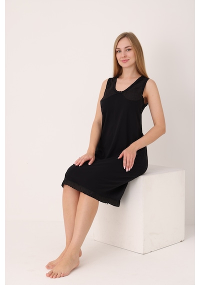 Yasar Underwear Kadın Uzun,kolsuz %100 Pamuk Elbise İçliği Kombinezon Siyah Siyah