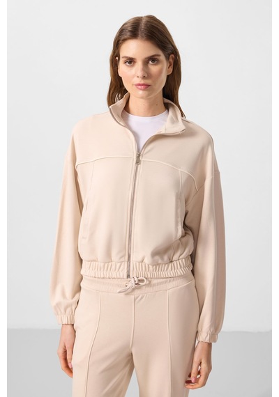 Bej Yumuşak Dokulu Dik Yaka Oversize Lastikli Kadın Eşofman Takım - 95349 Bej