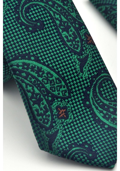 Gaffy Zümrüt Yeşil Şal Desenli Lacivert Dokuma Kumaş Mendilli Slim Fit Kravat // Sdk-2606-5 Yeşil