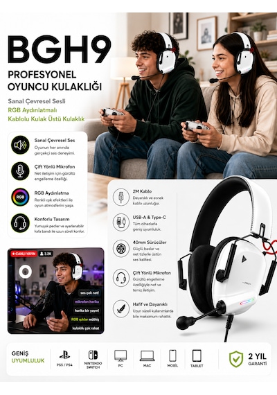 Rgb Işıklı Oyuncu Kulaklığı Sanal 7.1 Çevresel Ses Gürültü Önleyici Kulak Üstü Headset
