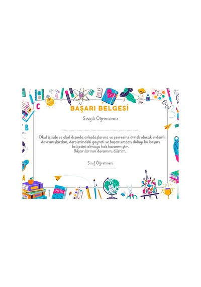 50 Adet A4 Boyutunda Öğrenci Başarı Belgesi - Anaokul - İlkokul Başarı Belgesi Model 2
