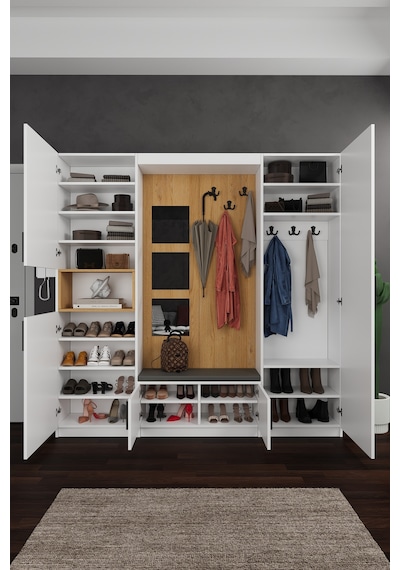 Lüks Aynalı Portmanto Askılı Vestiyer %100 Mdf Çok Raflı Ayakkabılık V05 Beyaz - Karına Lüks Aynalı Portmanto Askılı Vestiyer %100 Mdf Çok Raflı Ayakkabılık V05 Beyaz - Karına