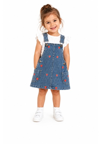 Tucankids Kız Çocuk Çilek Nakışlı Kot Jile Elbise Kot Mavi