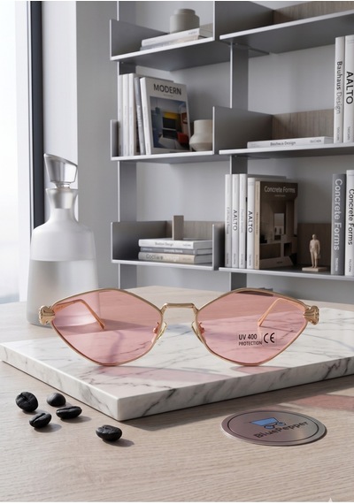 Çerçeveli Kaplan Tasarımlı Siyah Cateye Çekik Güneş Gözlüğü Pembe