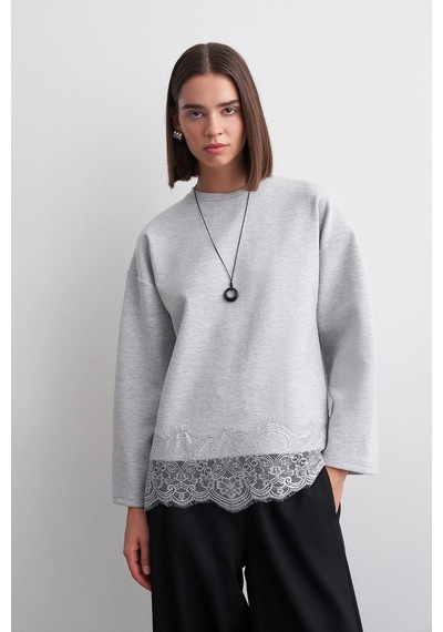 Kadriye Baştürk Dantel Mach Sweatshirt Gri