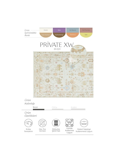 Cool Halı Private Xw Krem Açık Kahve Rengi Vintage Halı Pers Desenli Şönil Salon Oturma Odası Halısı