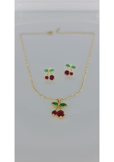 Kiraz Gold Kolye Küpe Çelik Takı Seti Gümüş - Rose Gold
