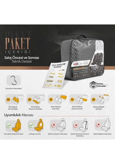 Advanced Design Özel Tasarım Premium Süet-Deri Ekstra Destekli Universal Oto Koltuk Kılıfı Tam Set