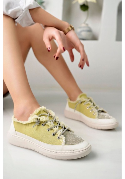 Craft Moda Neva Taşlı Düz Taban Kadın Kot Sneakers Sarı
