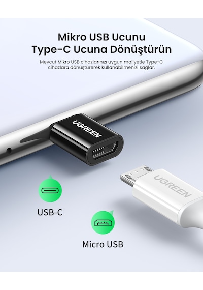 Ugreen Micro Usb To Type-c Dönüştürücü Adaptörü, Siyah, 30391