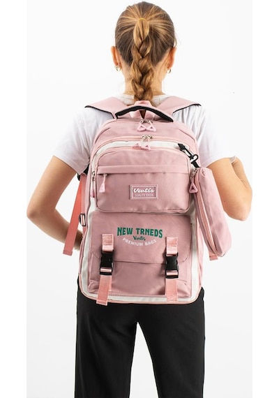 Ventis Unisex Kalemlikli Okul Çantası Lise Ortaokul 2'li Set Sırt Çantası 43 30 Cm Çok Cepli Vnt7-a Pembe