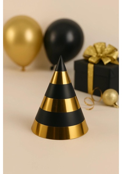 Siyah Üzerine Gold Çizgili Karton Şapka 20 Cm Tüm Yaşlar