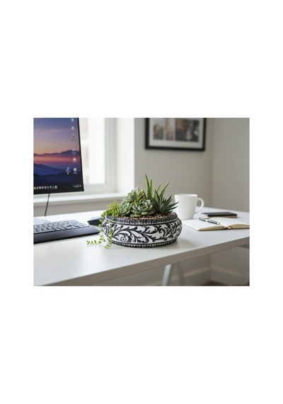 Beton Saksı Sukulent Bonzai Aranjman Teraryum Çiçek Saksısı 23x8cm Bitkiler Hariç Beyaz Siyah