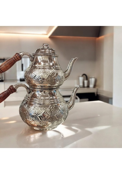 Bakır Çaydanlık & Bakır Demlik Çiçek Desenli Bakır Çaydanlık Büy Gümüş