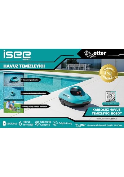 ISEE ROBOT otter Kablosuz Havuz Temizleme Robotu 80m² Şarjlı Çift Motor Otomatik Park