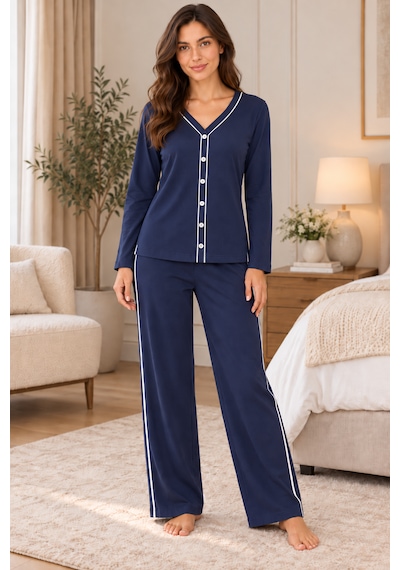 Lılac Kadın %100 Pamuk Beyaz Ara Biyeli Uzun Kollu Lacivert Pijama Takımı