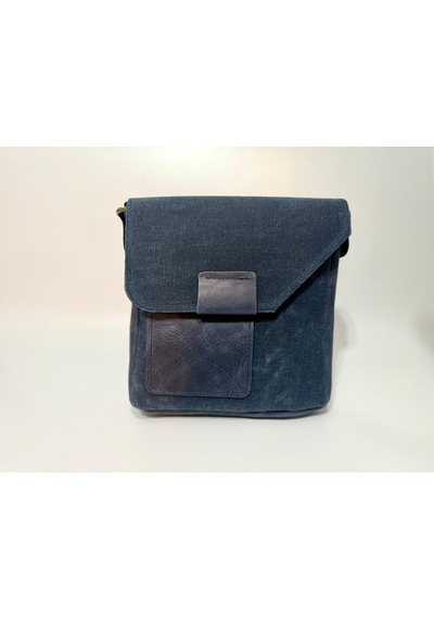 Natderi Hakiki Deri Ve Kanvas Omuz Çantası 20x21 Cm Ayarlanabilir Askılı, Ön Cepli Unisex Günlük Çanta Lacivert
