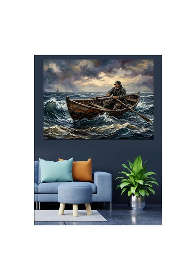 Denizde Kürek Çeken Yalnız Balıkçı Yağlı Boya Dokulu Kanvas Tablo Canvas Tablosu
