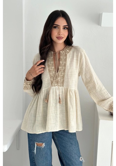 Asprin Fashion Etnik Desenli Bağlamalı Bluz Krem