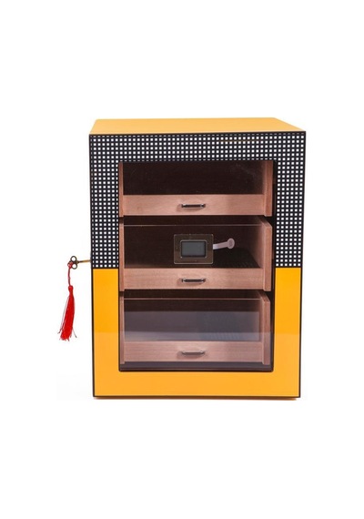 Cohiba Sarı Cohiba Desenli 4 Çekmeceli Sedir Humidor Puro Kutusu