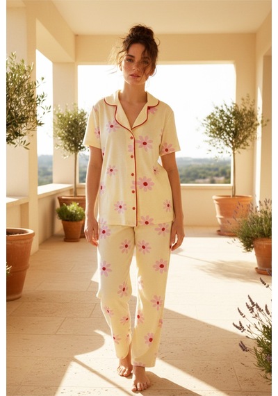 Siyah İnci Düğmeli Biyeli Viskon Örme Pijama Takım 26120762 sari