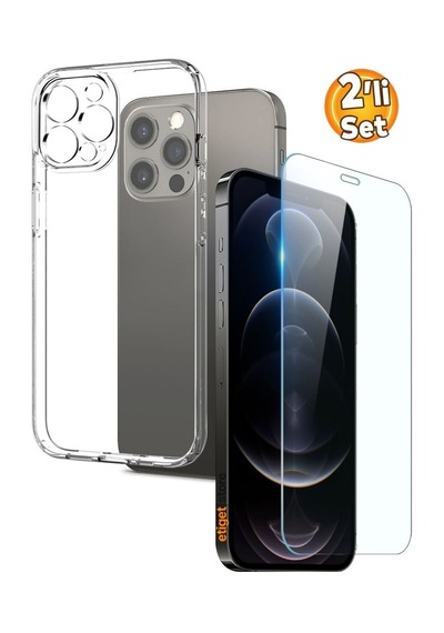 Apple Uyumlu iPhone 12 Pro Max Şeffaf Kılıf + Cam Ekran Koruyucu Seti