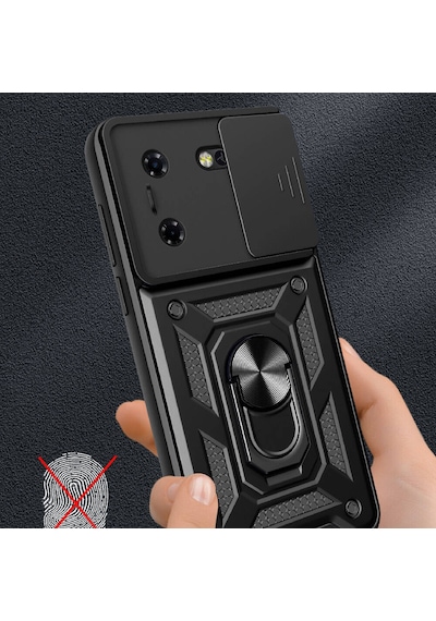 Tecno Pova 5 Kılıf Magnetik Standlı Kamera Korumalı Sürgülü Vega Kapak - Siy Siyah Siyah
