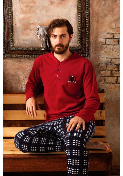 Nisanca 3 Renk Kışlık Erkek Polar Pijama Takımı Bordo