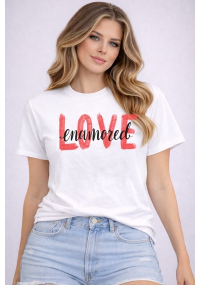Herkesemoda Love Emamored Baskı Detaylı Basic T-shirt Beyaz