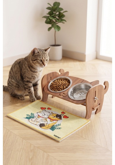 Ahşap Kedi Mama Seramik Su Kabı Standı,kedili Mama Kabı, Hediye Kedi Halısı
