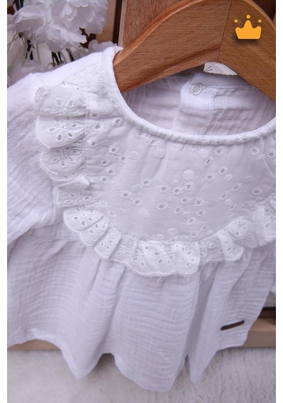 Babyhola Kız Bebek Çocuk Yazlık Elbise Müslin Önlüklü Şortlu Takım 22410 Beyaz