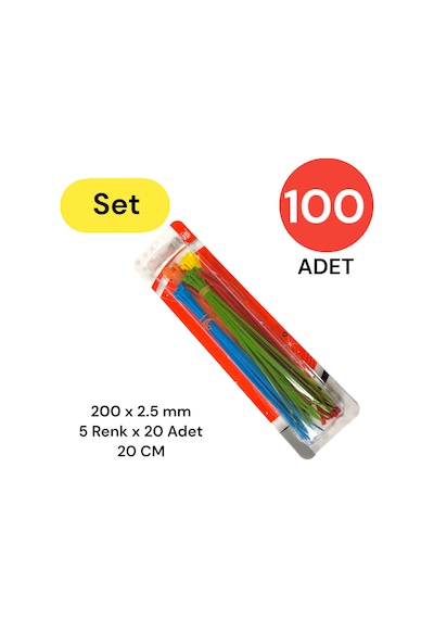 Tek-iş Plastik Kablo Bağı Klipsi Cırt Kelepçe Karışık Renk Set 200 Mm 5 Renk X 20 Toplam 100 Adet