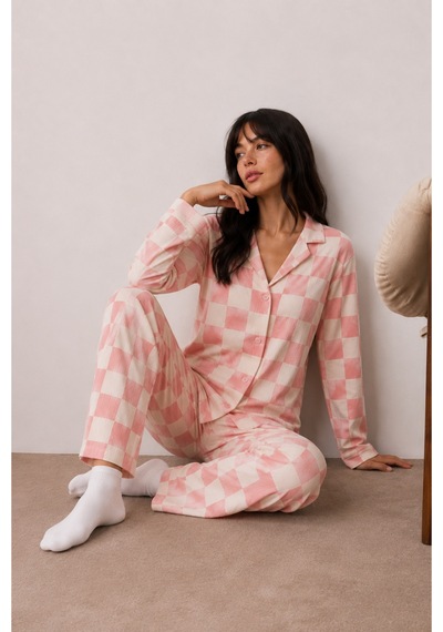 Kadın Düğmeli Kışlık Ev Pembe Pijama Takımı
