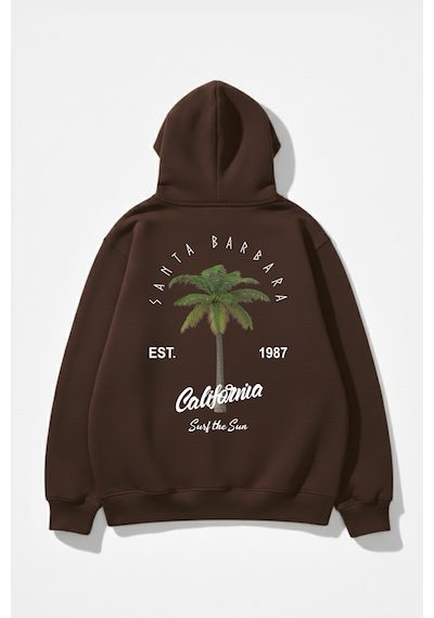 Uyguntarz Unisex Yumuşak Dokulu California Retro Baskılı Tasarım Oversize 3 İplik Hoodie Sweatshirt Kahverengi