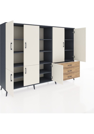 Hyperion Dolap 11 Raflı 3 Çekmeceli 7 Kapaklı 220x44x163 Antrasit-aytaşı/çam Aytası/atlas Çam - Antrasıt