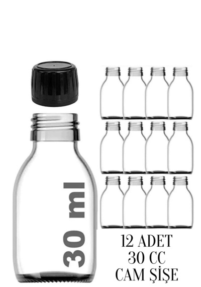 Rotanev 12 Adet 30 ml Kilitli Siyah Kapaklı Şeffaf Detox Shot Şişesi 30 Cc Ginger Şat Beyaz Cam Şişe
